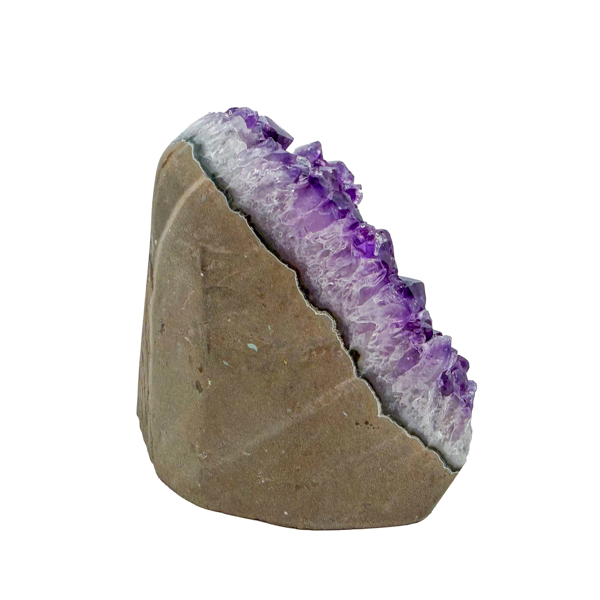 Uruguayan amethyst geode no. 110 at the right profile, violet crystal interior framed by its polished agate shell, 3.34 lb.
