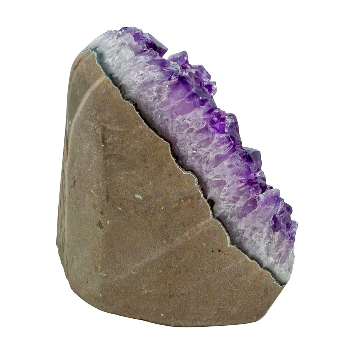 Uruguayan amethyst geode no. 110 at the right profile, violet crystal interior framed by its polished agate shell, 3.34 lb.