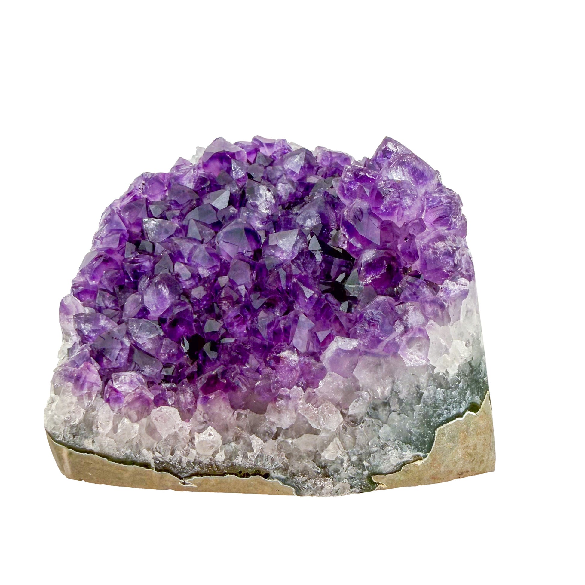 AA-grade amethyst polished geode no. 110 from Artigas, Uruguay, reverse side, violet druzy interior on a cut base, 3.84 inches tall.