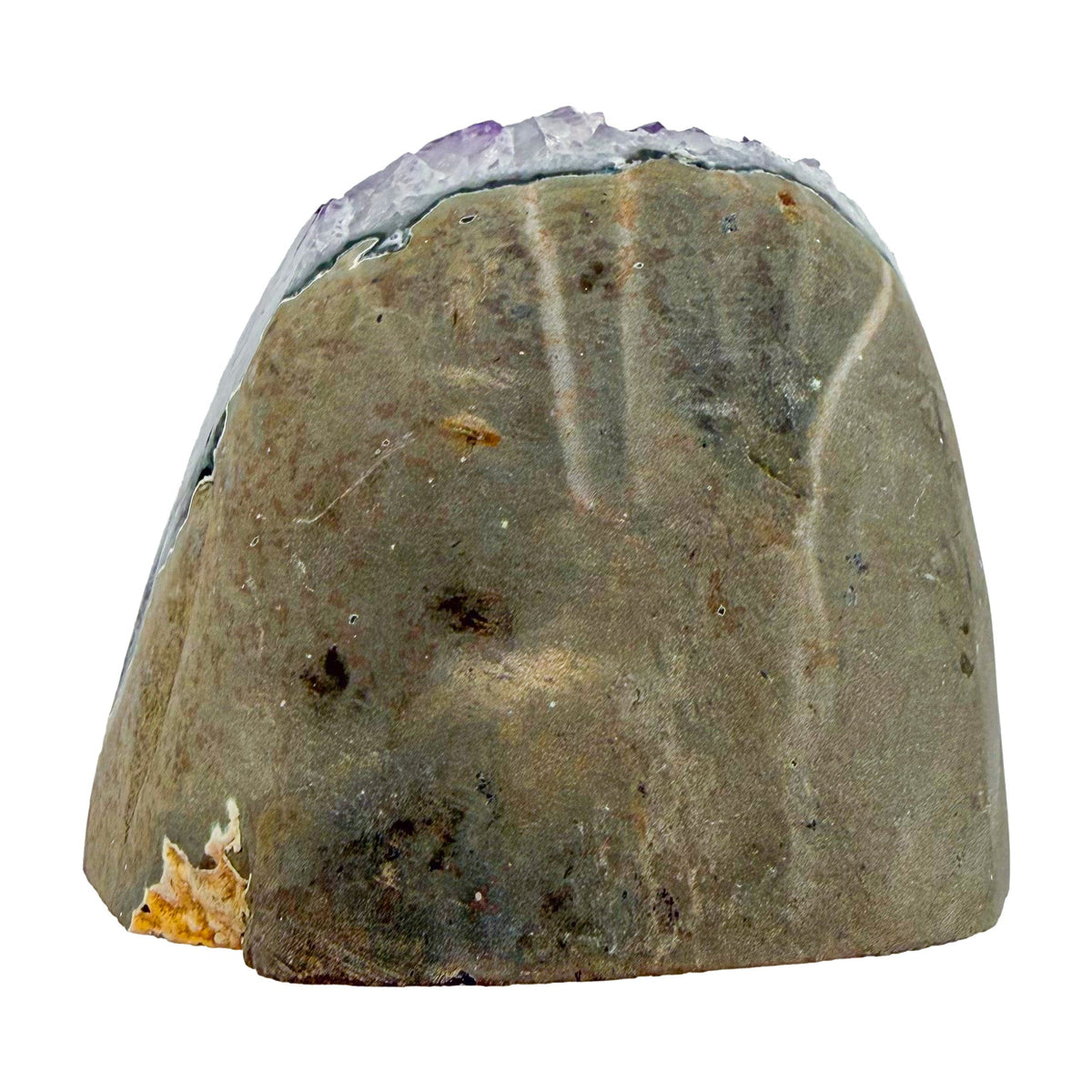 Top-down view of a 3.34 pound amethyst geode, no. 110, deep purple crystal lining a polished gray agate rind.