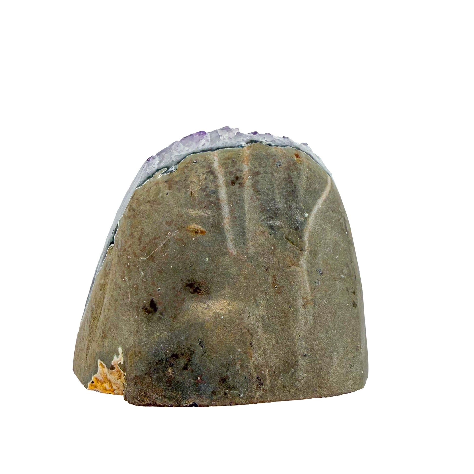 Top-down view of a 3.34 pound amethyst geode, no. 110, deep purple crystal lining a polished grey agate rind.