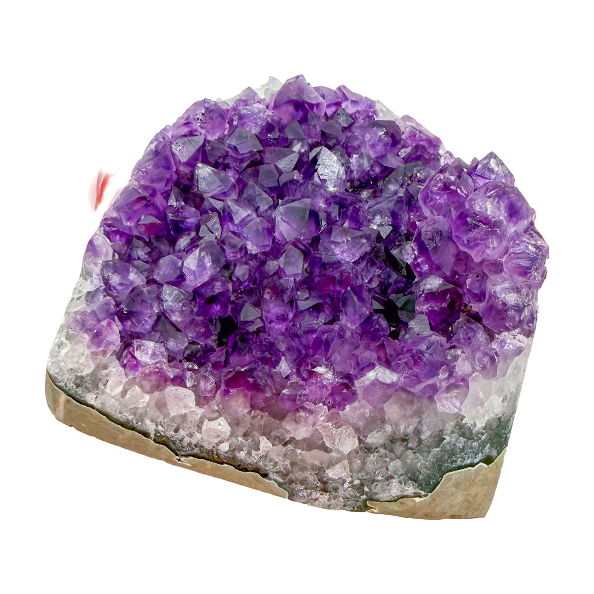 Polished amethyst geode no. 110 photographed at the cut base, measuring 4.46 by 3.54 by 3.84 inches, Uruguayan AA grade.