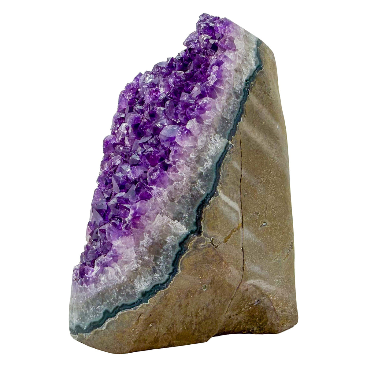 Angled three-quarter view of AA amethyst geode no. 111, 3.64 inches across the polished face, natural and untreated.