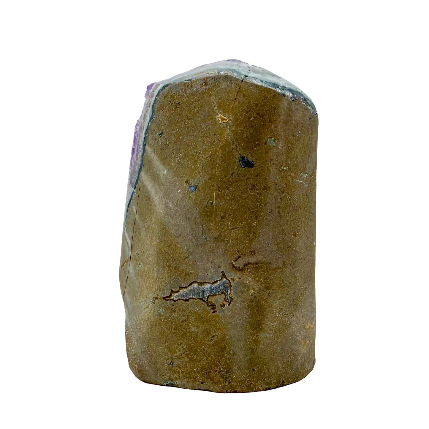 Uruguayan amethyst geode no. 111 at the left profile, violet crystal interior framed by its polished agate shell, 2.36 lb.