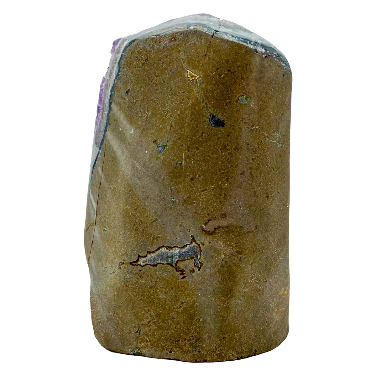 Uruguayan amethyst geode no. 111 at the left profile, violet crystal interior framed by its polished agate shell, 2.36 lb.