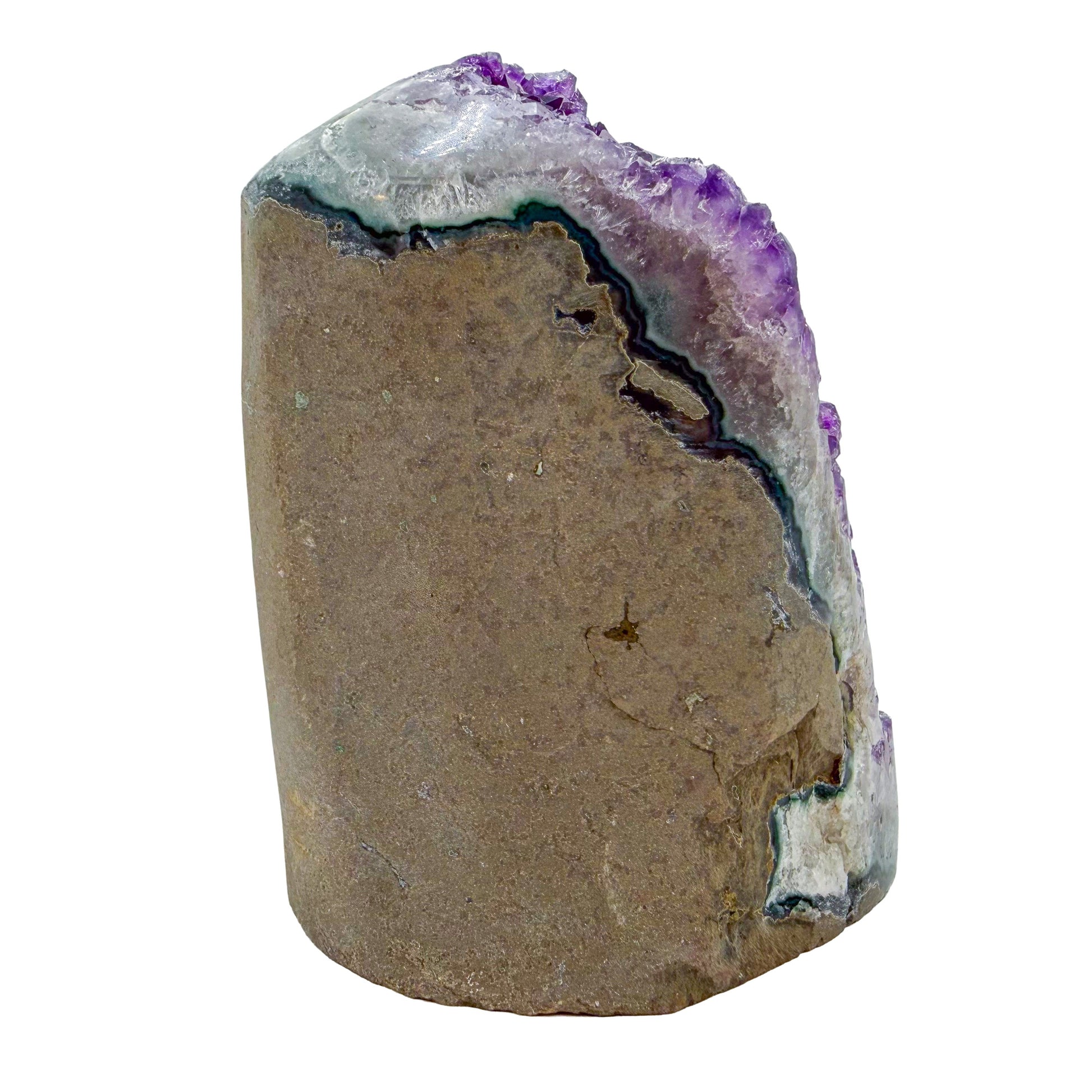 AA-grade amethyst polished geode no. 111 from Artigas, Uruguay, right profile, violet druzy interior on a cut base, 4.42 inches tall.