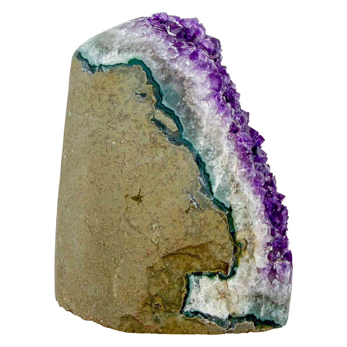 Reverse side of a 2.36 pound amethyst geode, no. 111, deep purple crystal lining a polished gray agate rind.