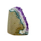 Reverse side of a 2.36 pound amethyst geode, no. 111, deep purple crystal lining a polished grey agate rind.