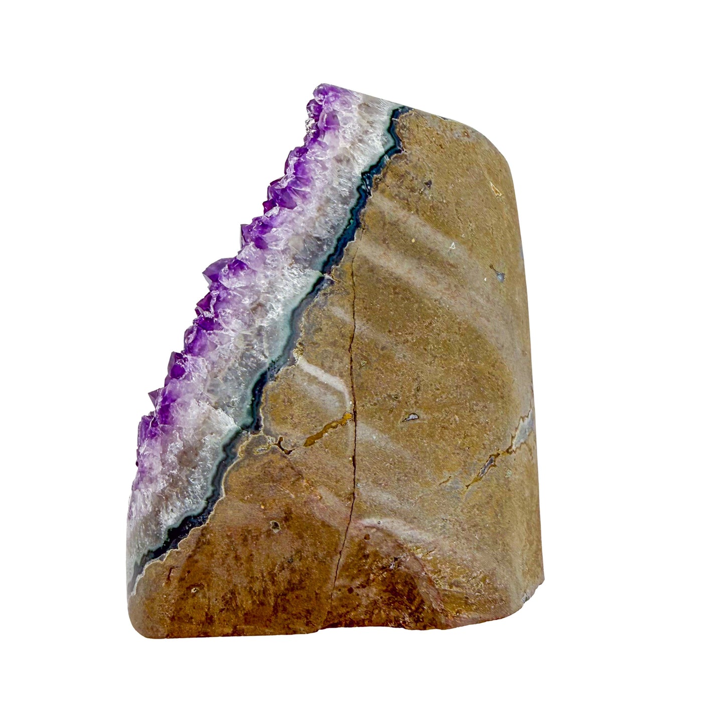 Polished amethyst geode no. 111 photographed at the top-down view, measuring 3.64 by 3.04 by 4.42 inches, Uruguayan AA grade.