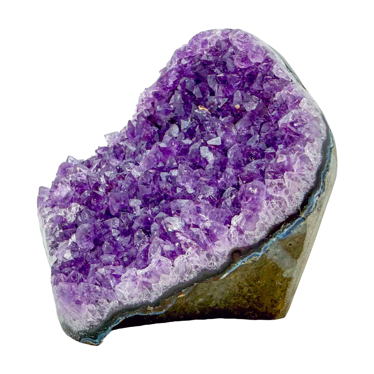 Uruguayan amethyst geode no. 112 at the angled three-quarter view, violet crystal interior framed by its polished agate shell, 1.81 lb.