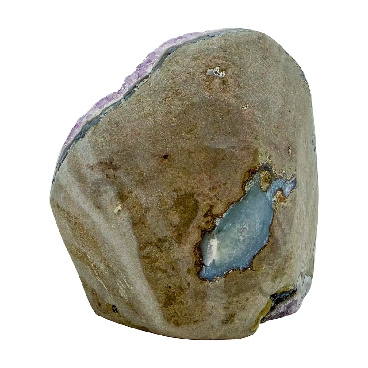 AA-grade amethyst polished geode no. 112 from Artigas, Uruguay, left profile, violet druzy interior on a cut base, 3.85 inches tall.