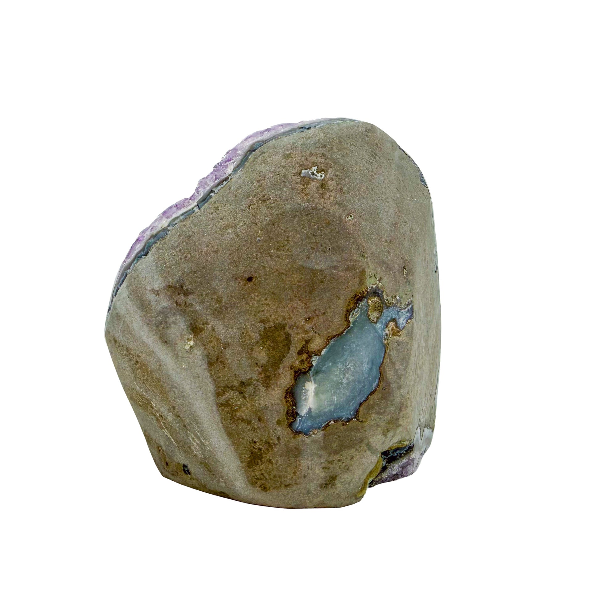 AA-grade amethyst polished geode no. 112 from Artigas, Uruguay, left profile, violet druzy interior on a cut base, 3.85 inches tall.