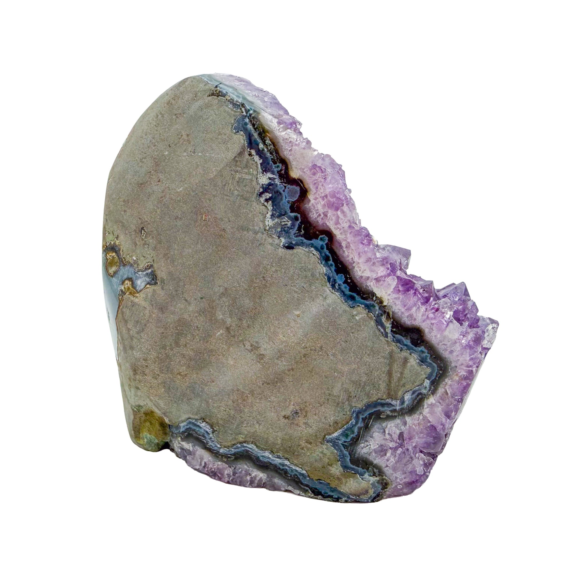 Right profile of a 1.81 pound amethyst geode, no. 112, deep purple crystal lining a polished grey agate rind.