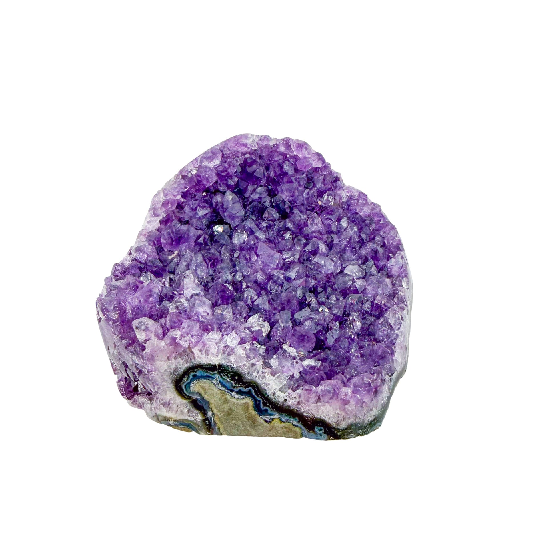 Polished amethyst geode no. 112 photographed at the reverse side, measuring 3.76 by 3.71 by 3.85 inches, Uruguayan AA grade.