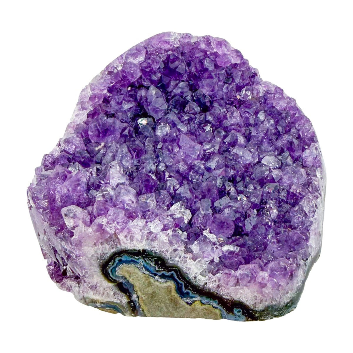 Polished amethyst geode no. 112 photographed at the reverse side, measuring 3.76 by 3.71 by 3.85 inches, Uruguayan AA grade.