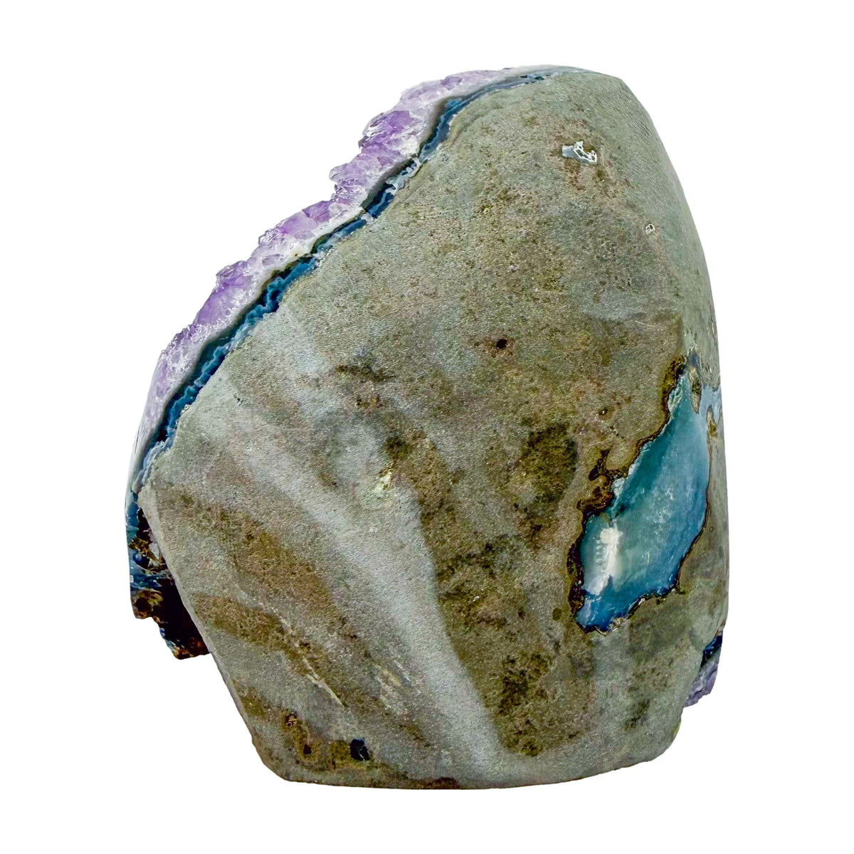 The top-down view of amethyst geode no. 112, 3.85 inches of violet druzy standing on a flat cut base.