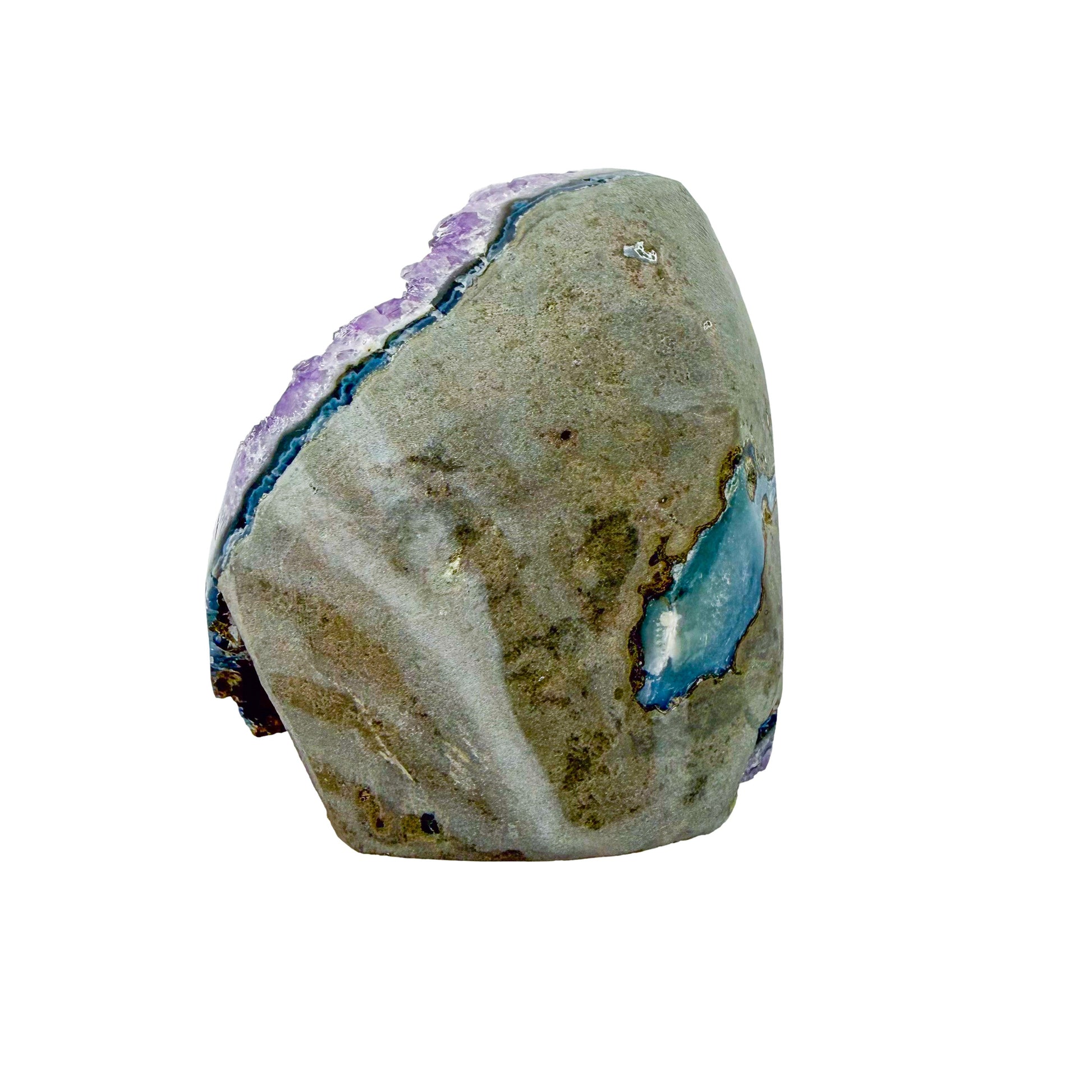 The top-down view of amethyst geode no. 112, 3.85 inches of violet druzy standing on a flat cut base.