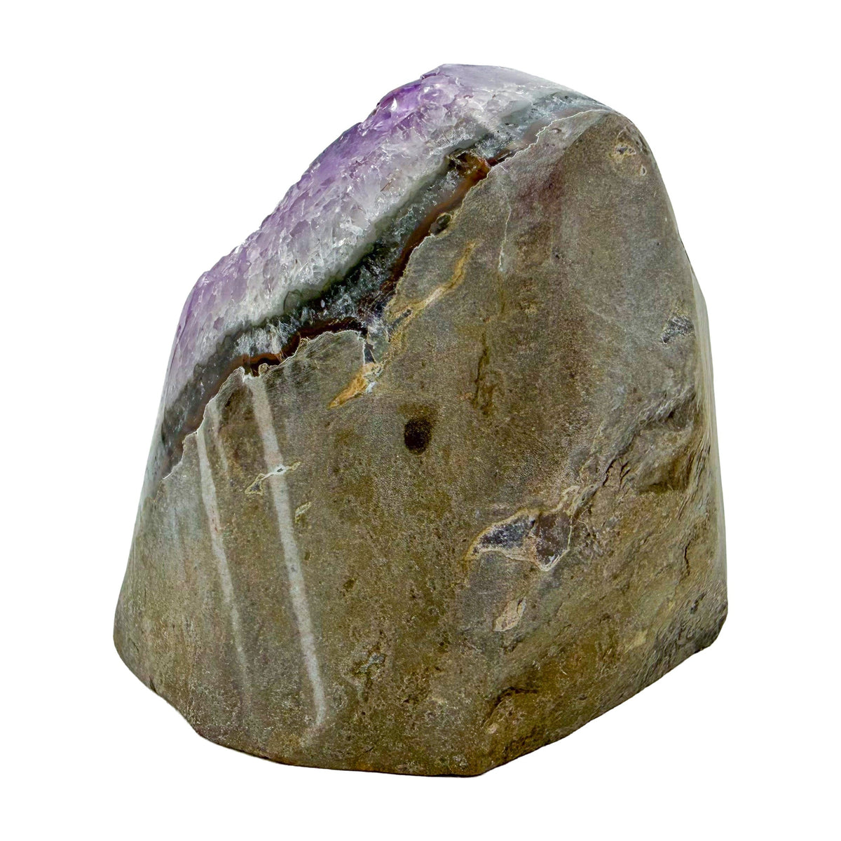 Left profile of a 2.01 pound amethyst geode, no. 113, deep purple crystal lining a polished gray agate rind.