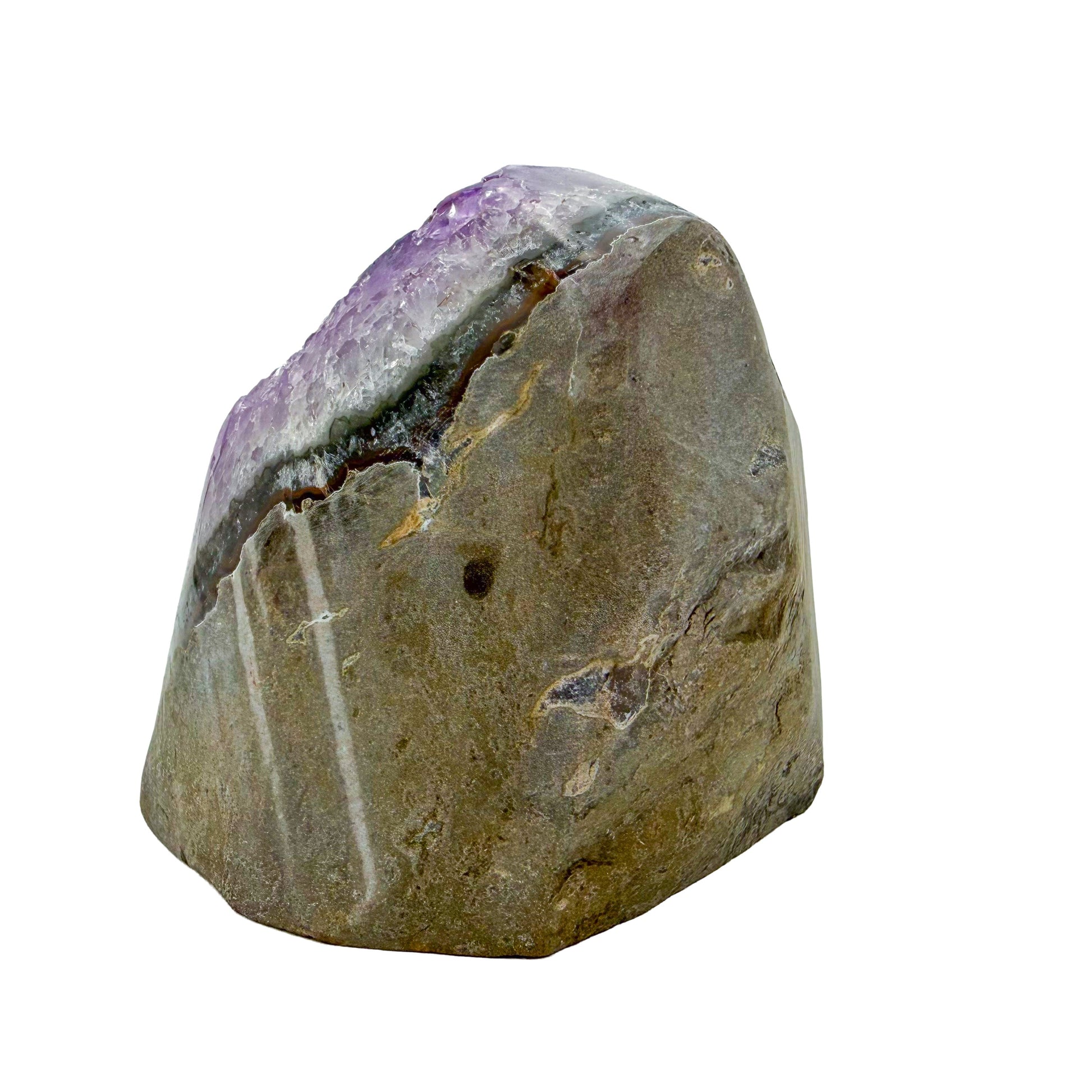 Left profile of a 2.01 pound amethyst geode, no. 113, deep purple crystal lining a polished grey agate rind.