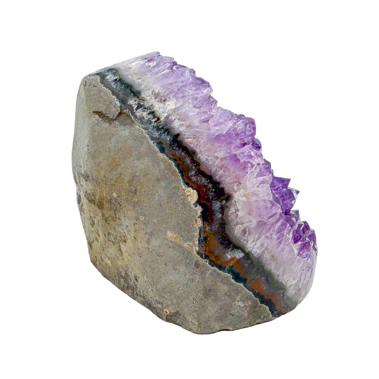 Polished amethyst geode no. 113 photographed at the right profile, measuring 4.00 by 3.49 by 3.44 inches, Uruguayan AA grade.
