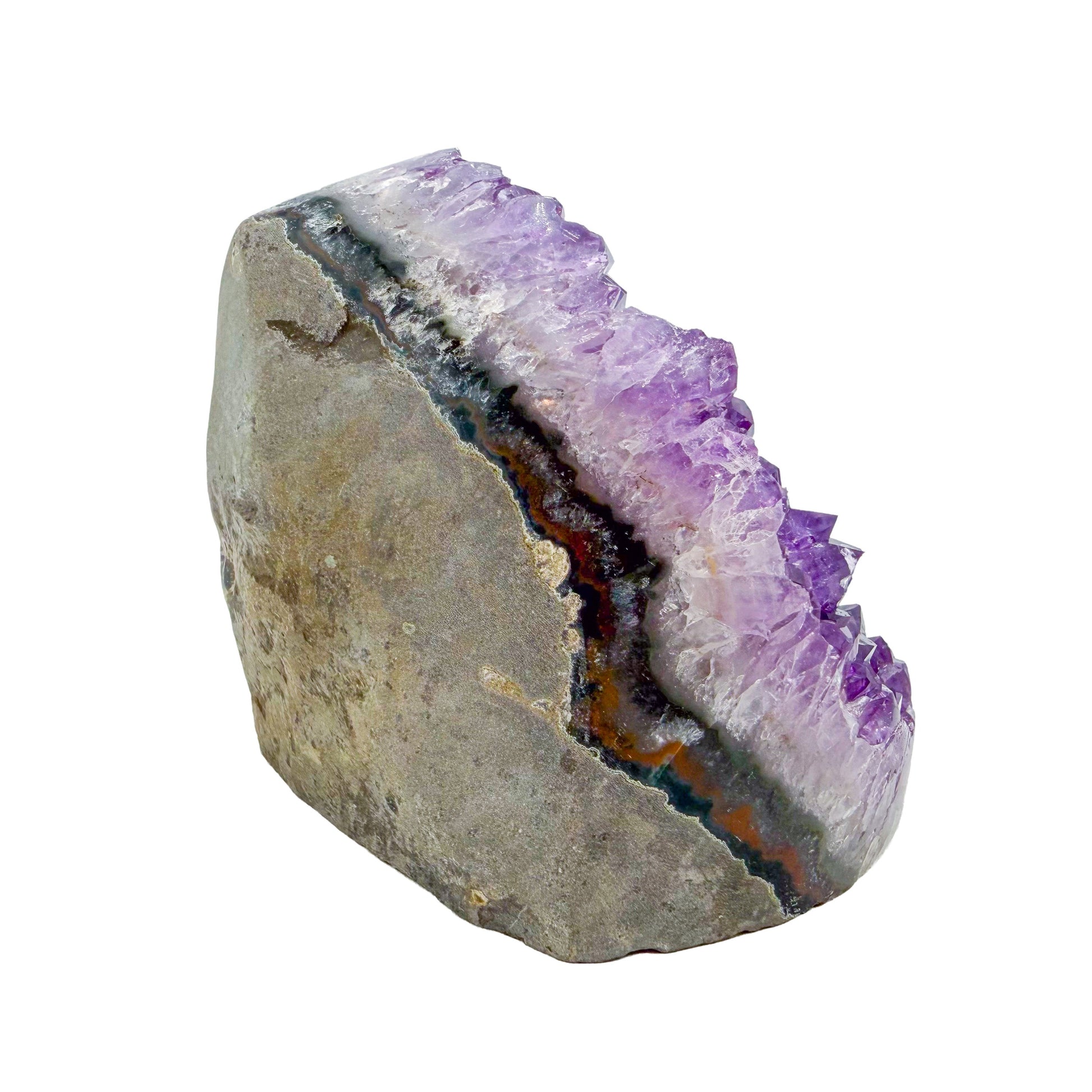 Polished amethyst geode no. 113 photographed at the right profile, measuring 4.00 by 3.49 by 3.44 inches, Uruguayan AA grade.