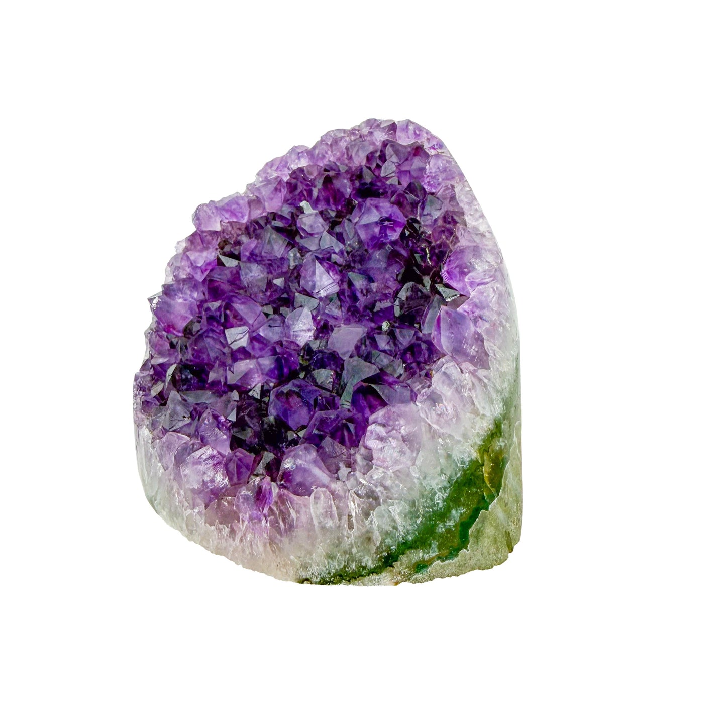 The reverse side of amethyst geode no. 113, 3.44 inches of violet druzy standing on a flat cut base.
