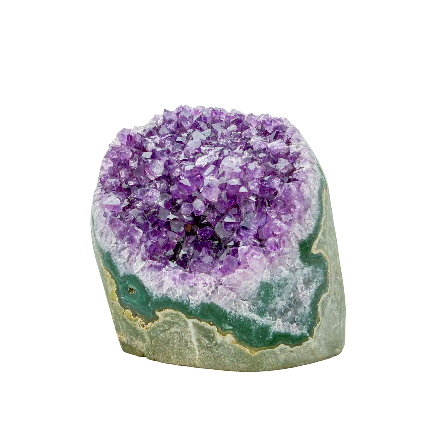 AA-grade amethyst polished geode no. 114 from Artigas, Uruguay, primary crystal face, violet druzy interior on a cut base, 3.19 inches tall.