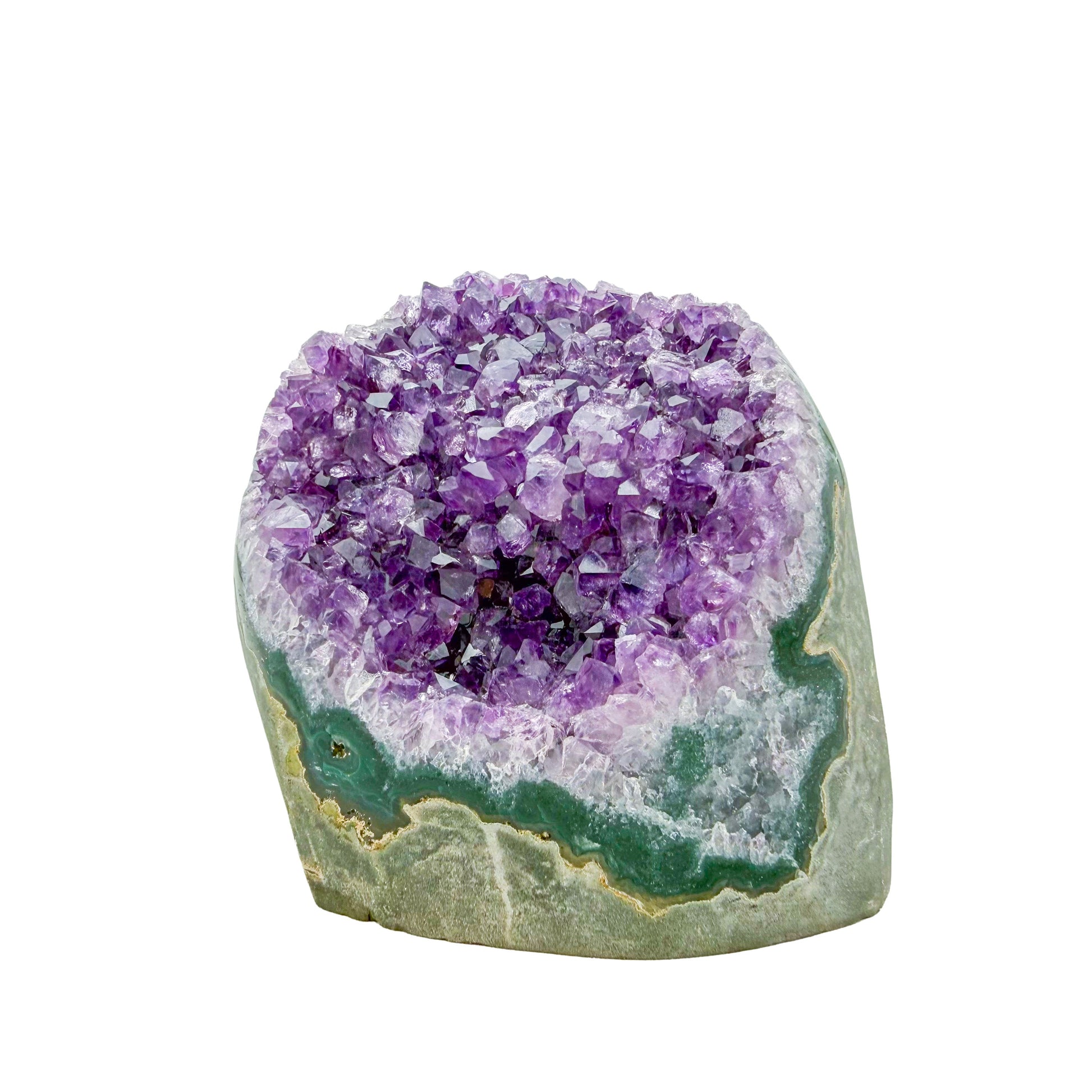 AA-grade amethyst polished geode no. 114 from Artigas, Uruguay, primary crystal face, violet druzy interior on a cut base, 3.19 inches tall.