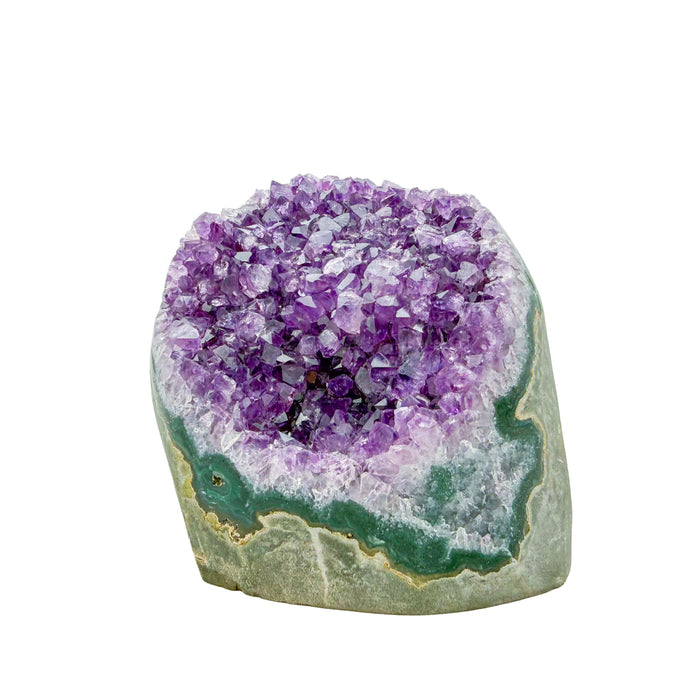 AA-grade amethyst polished geode no. 114 from Artigas, Uruguay, primary crystal face, violet druzy interior on a cut base, 3.19 inches tall.