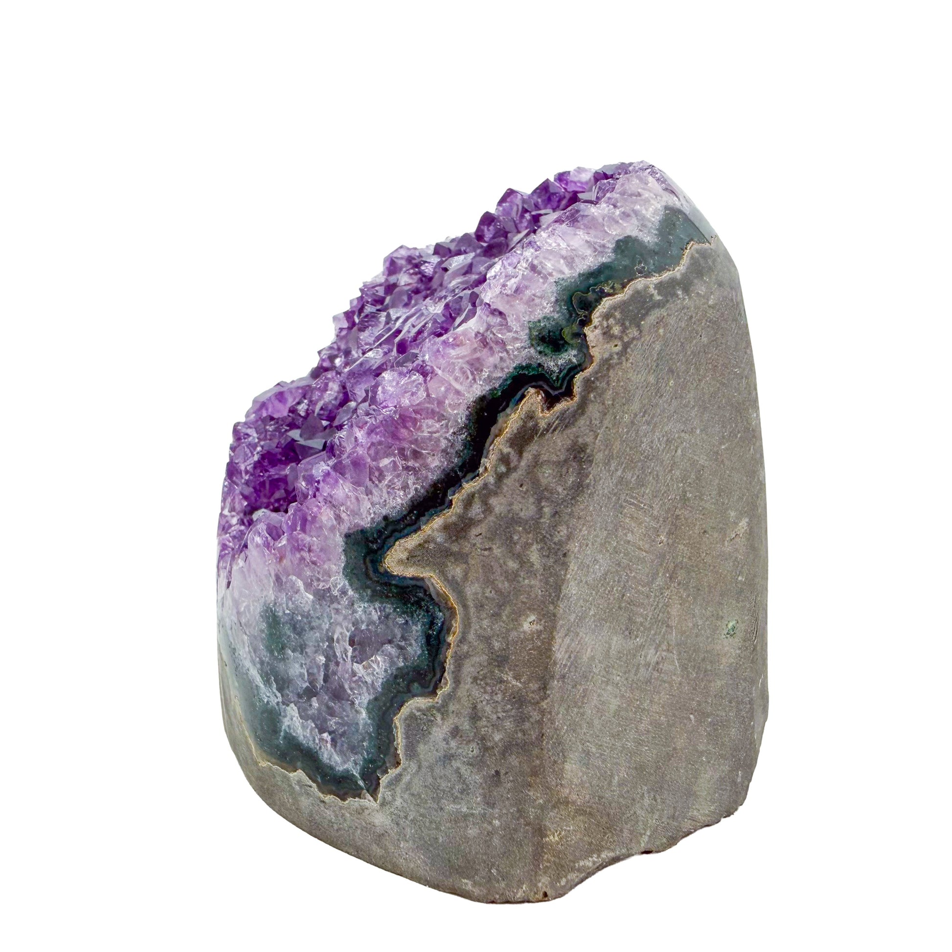 Angled three-quarter view of a 1.84 pound amethyst geode, no. 114, deep purple crystal lining a polished grey agate rind.