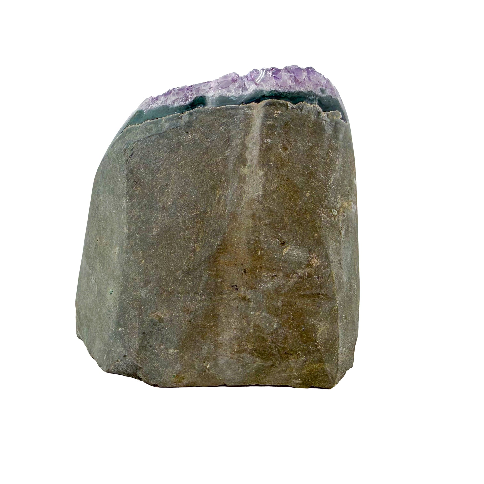 Polished amethyst geode no. 114 photographed at the left profile, measuring 3.55 by 2.96 by 3.19 inches, Uruguayan AA grade.