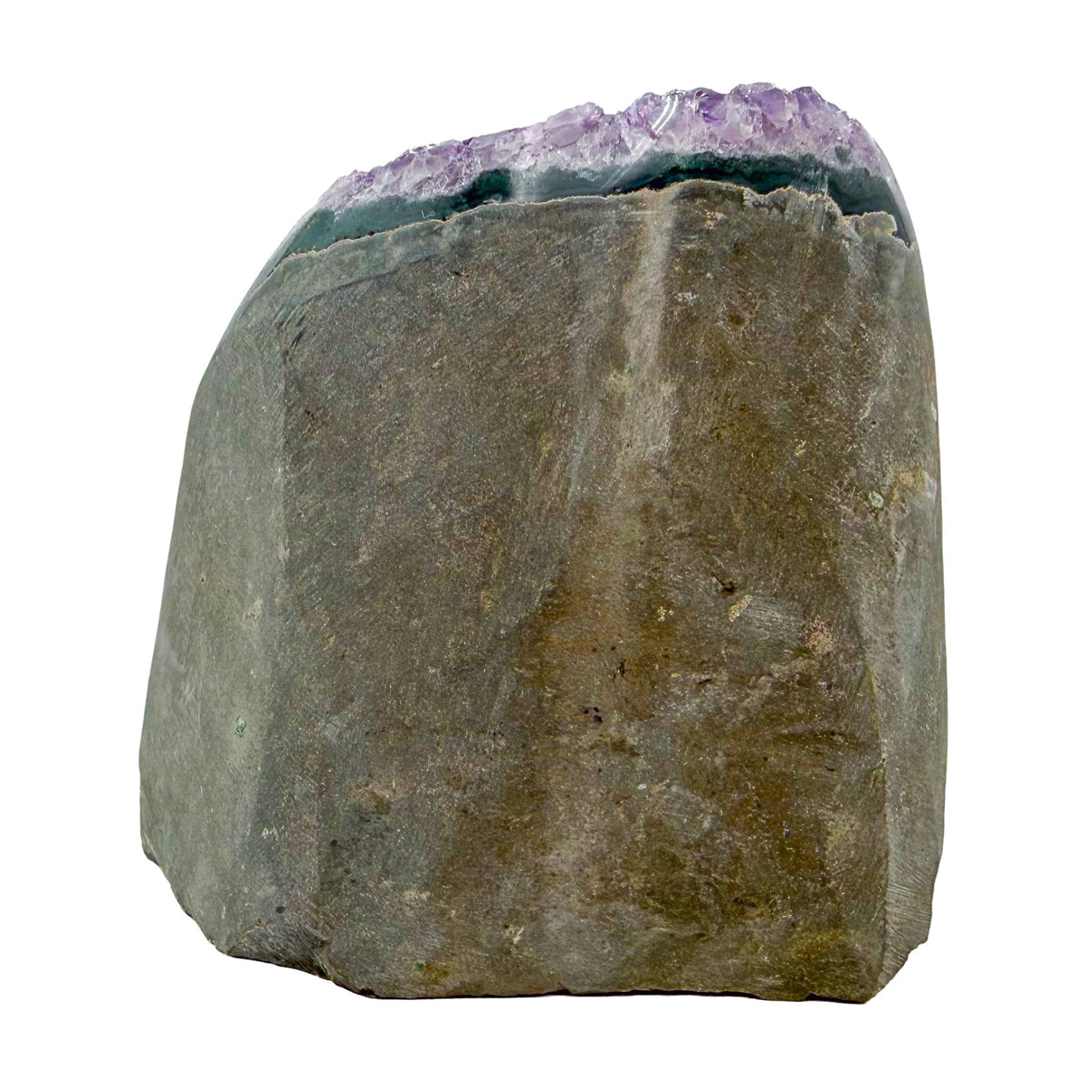 Polished amethyst geode no. 114 photographed at the left profile, measuring 3.55 by 2.96 by 3.19 inches, Uruguayan AA grade.