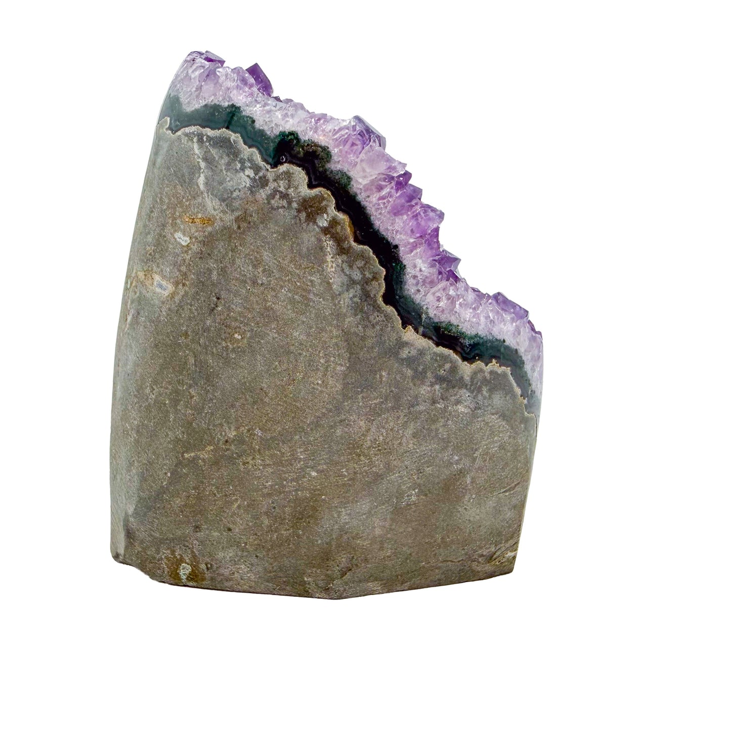 The right profile of amethyst geode no. 114, 3.19 inches of violet druzy standing on a flat cut base.