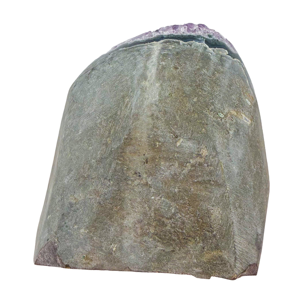 Top-down view of AA amethyst geode no. 114, 3.55 inches across the polished face, natural and untreated.