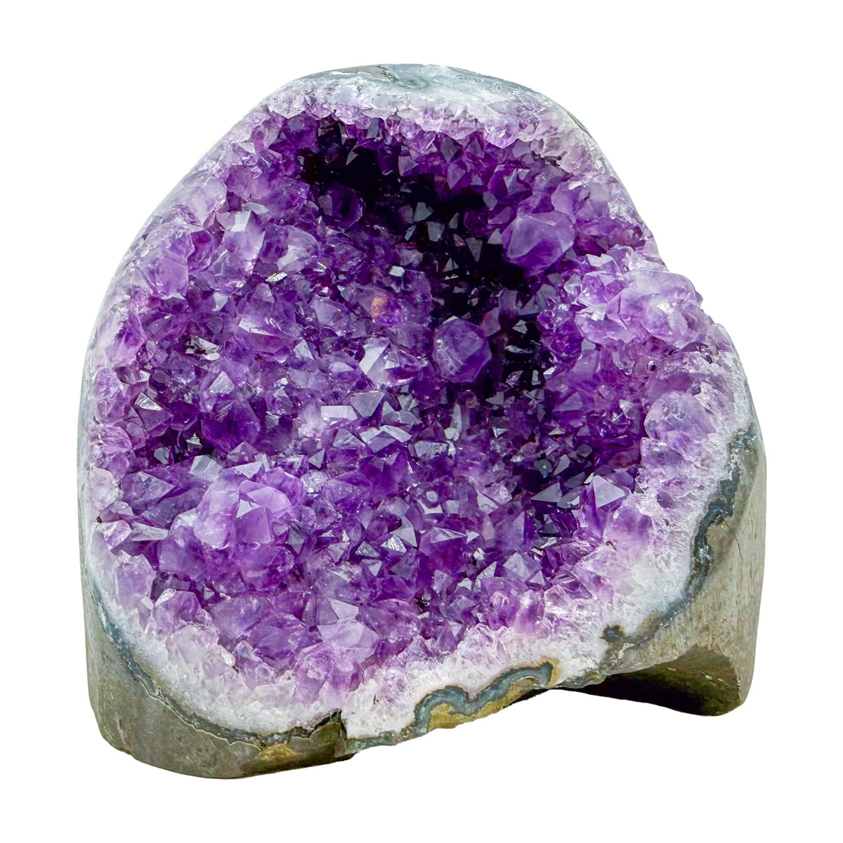 Primary crystal face of a 3.41 pound amethyst geode, no. 115, deep purple crystal lining a polished gray agate rind.
