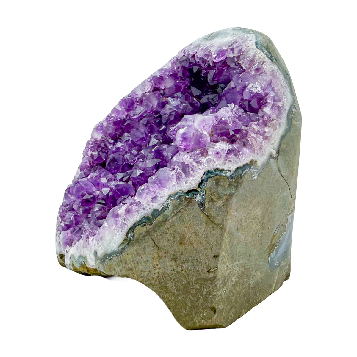 Polished amethyst geode no. 115 photographed at the angled three-quarter view, measuring 4.42 by 4.48 by 4.46 inches, Uruguayan AA grade.