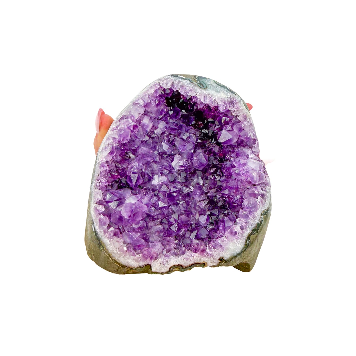 AA-grade amethyst polished geode no. 115 from Artigas, Uruguay, cut base, violet druzy interior on a cut base, 4.46 inches tall.