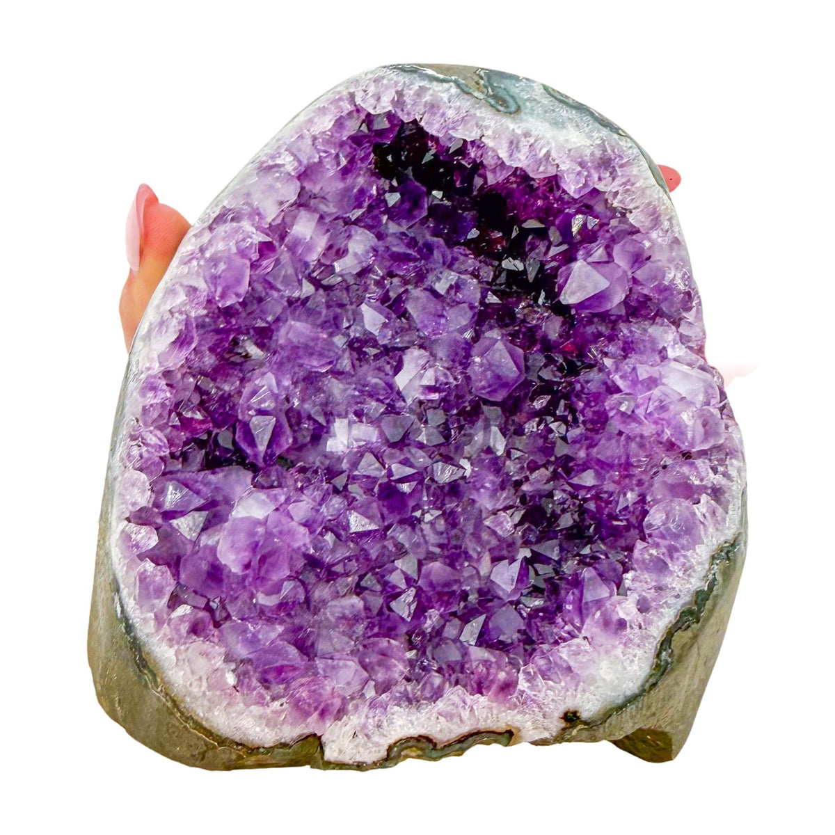 AA-grade amethyst polished geode no. 115 from Artigas, Uruguay, cut base, violet druzy interior on a cut base, 4.46 inches tall.