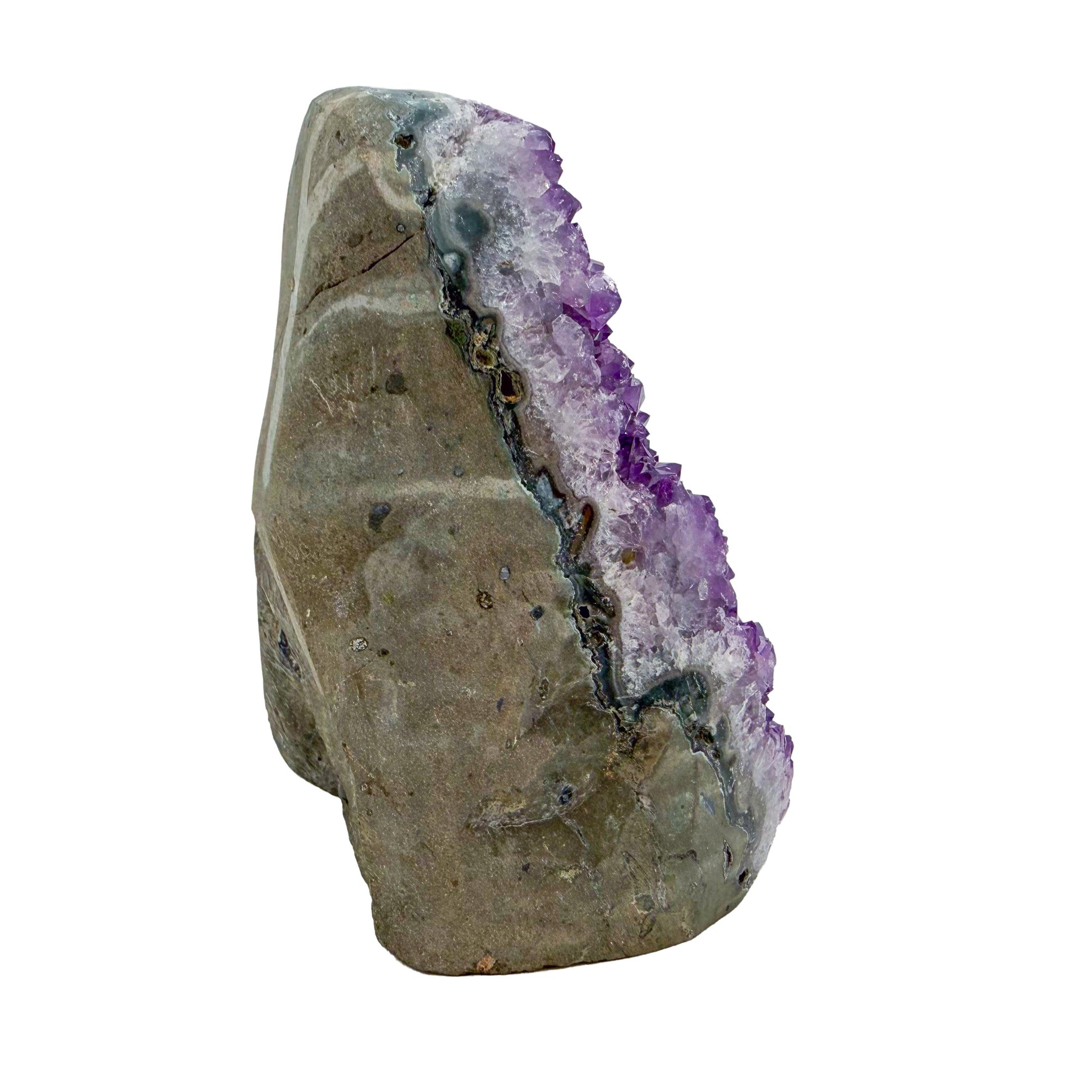 Right profile of AA amethyst geode no. 116, 3.44 inches across the polished face, natural and untreated.