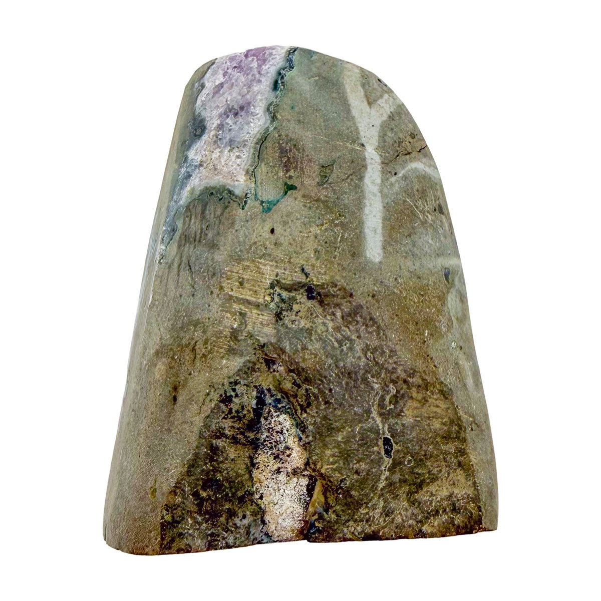 AA-grade amethyst polished geode no. 116 from Artigas, Uruguay, top-down view, violet druzy interior on a cut base, 4.24 inches tall.
