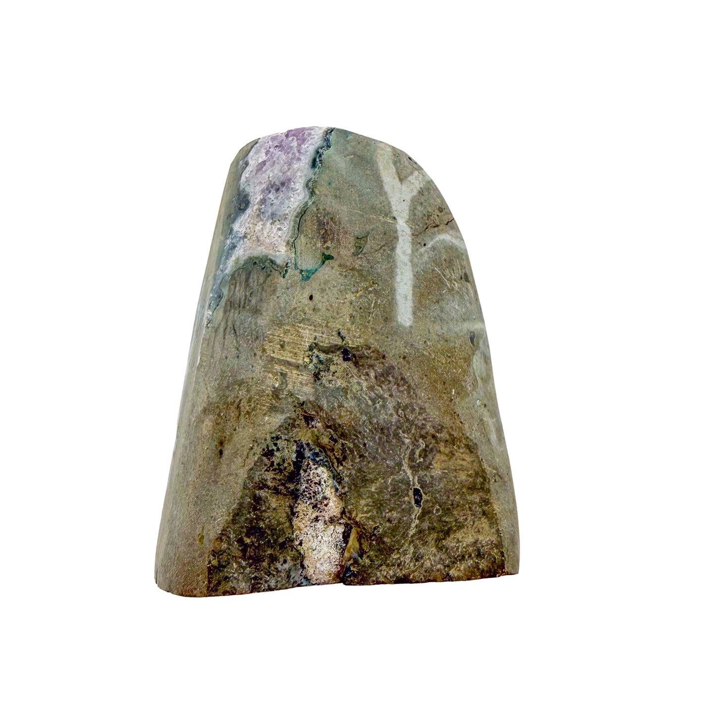 AA-grade amethyst polished geode no. 116 from Artigas, Uruguay, top-down view, violet druzy interior on a cut base, 4.24 inches tall.