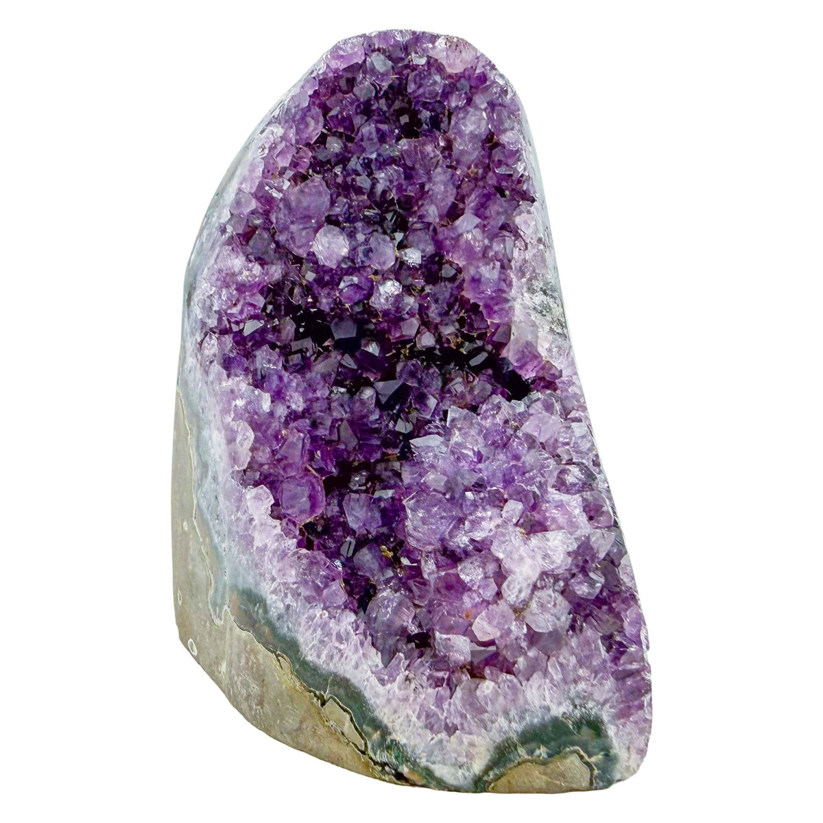The primary crystal face of amethyst geode no. 117, 3.94 inches of violet druzy standing on a flat cut base.