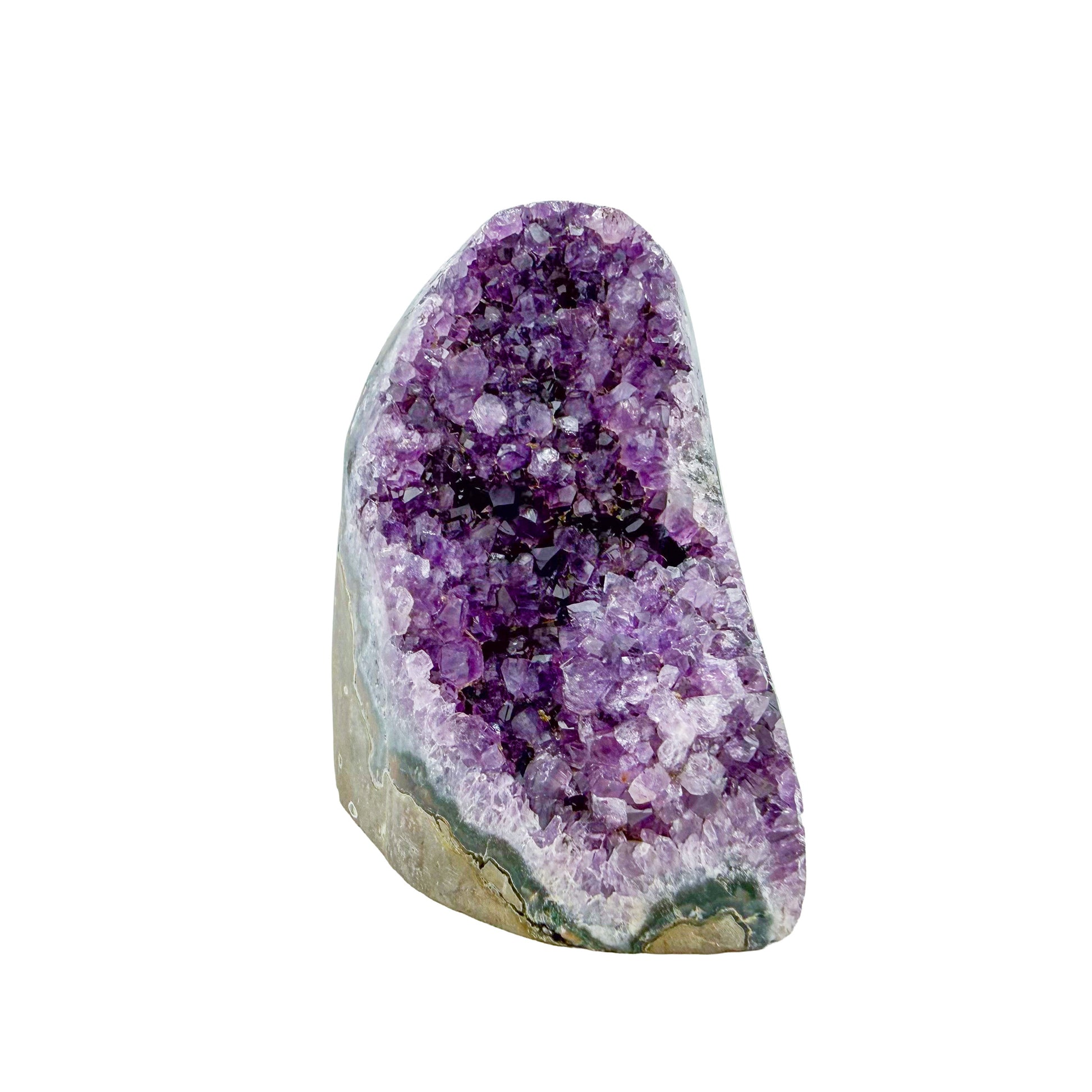 The primary crystal face of amethyst geode no. 117, 3.94 inches of violet druzy standing on a flat cut base.