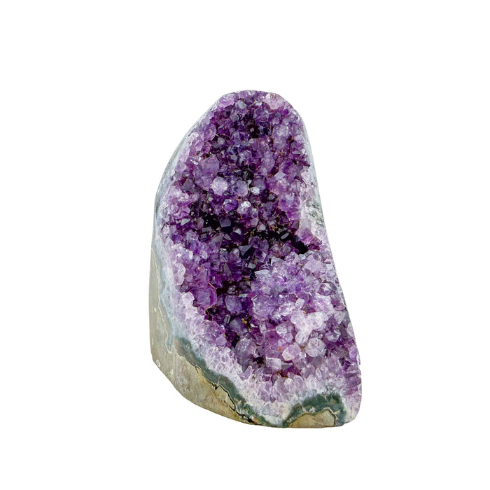 The primary crystal face of amethyst geode no. 117, 3.94 inches of violet druzy standing on a flat cut base.