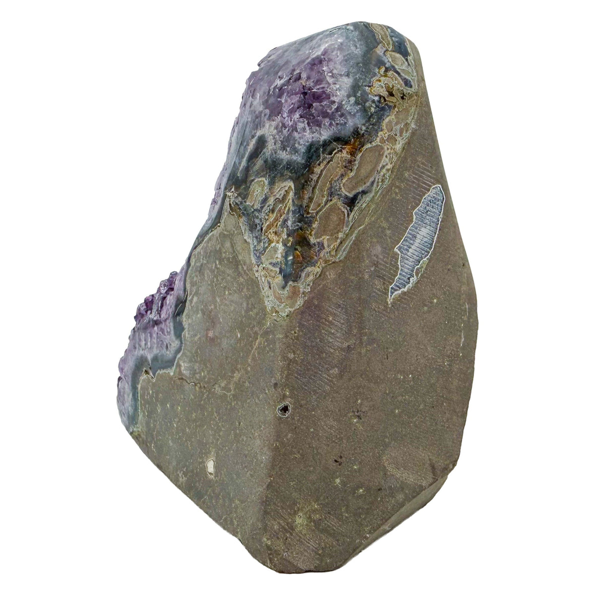 Left profile of AA amethyst geode no. 117, 3.83 inches across the polished face, natural and untreated.