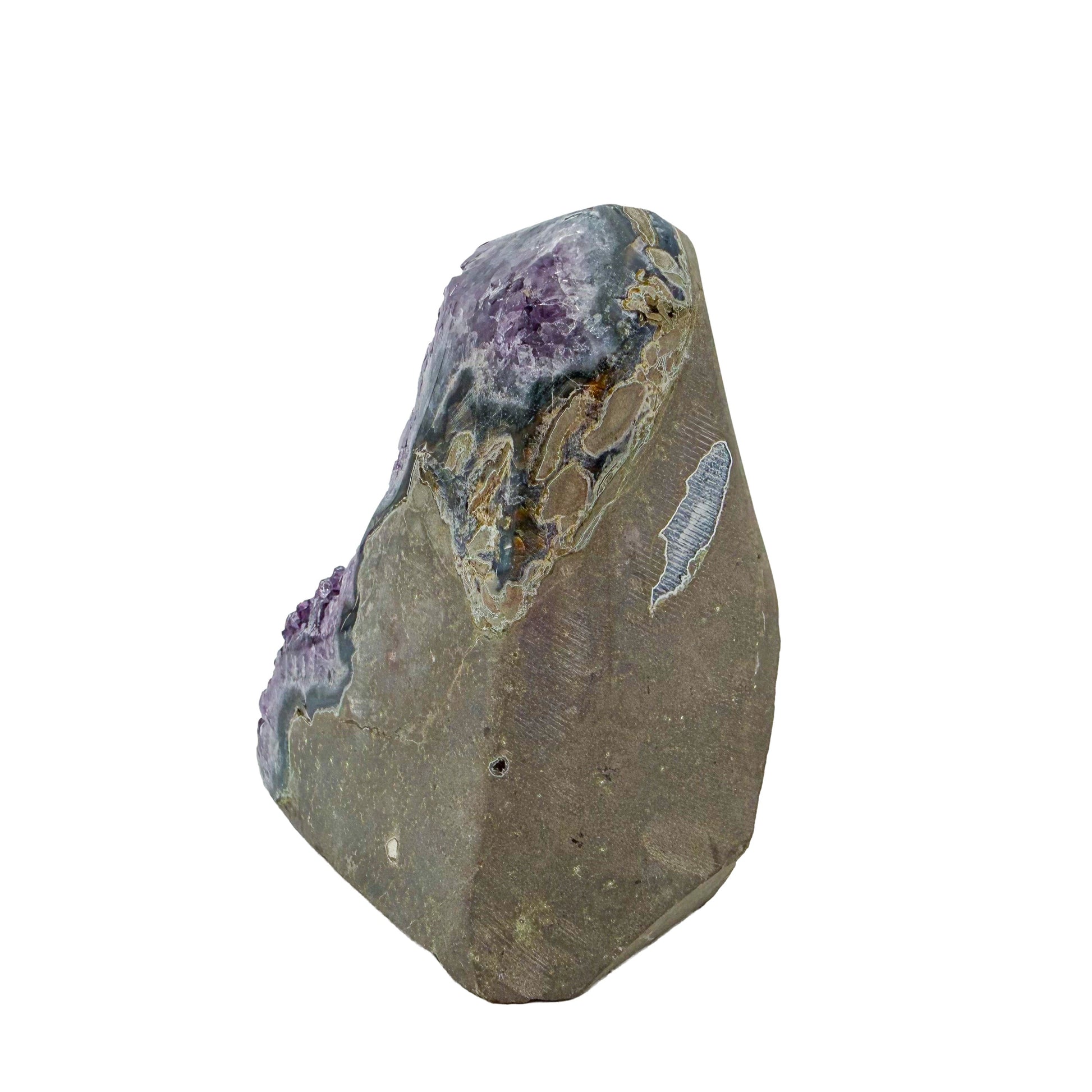 Left profile of AA amethyst geode no. 117, 3.83 inches across the polished face, natural and untreated.