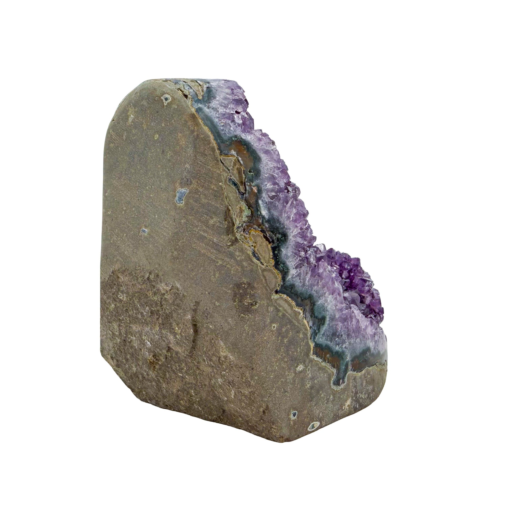 Uruguayan amethyst geode no. 117 at the right profile, violet crystal interior framed by its polished agate shell, 1.86 lb.