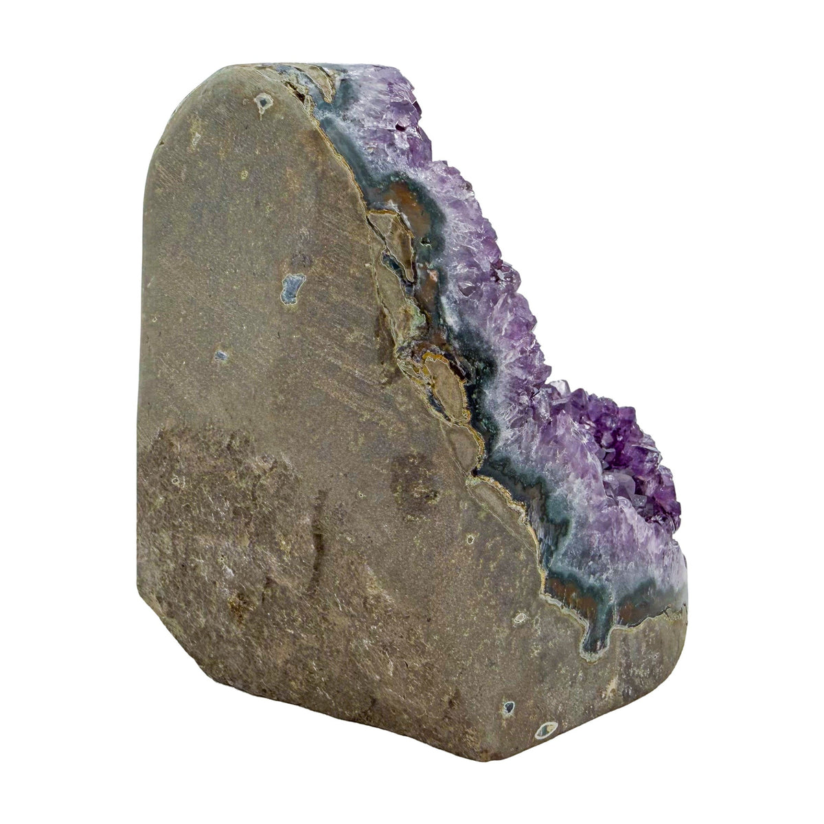 Uruguayan amethyst geode no. 117 at the right profile, violet crystal interior framed by its polished agate shell, 1.86 lb.
