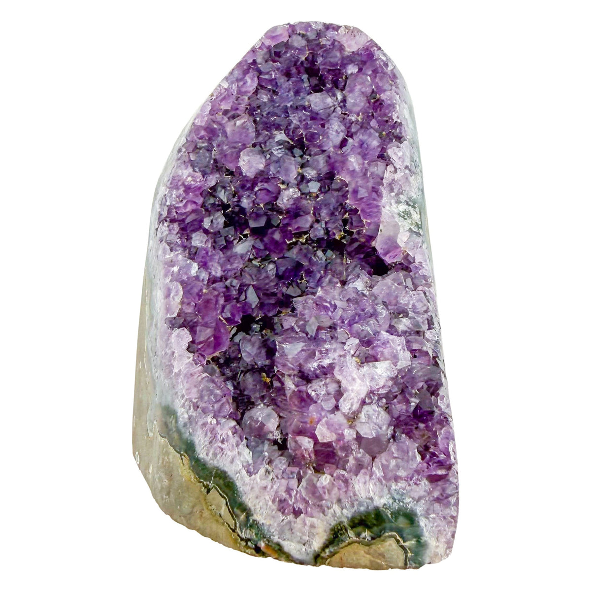 AA-grade amethyst polished geode no. 117 from Artigas, Uruguay, reverse side, violet druzy interior on a cut base, 3.94 inches tall.