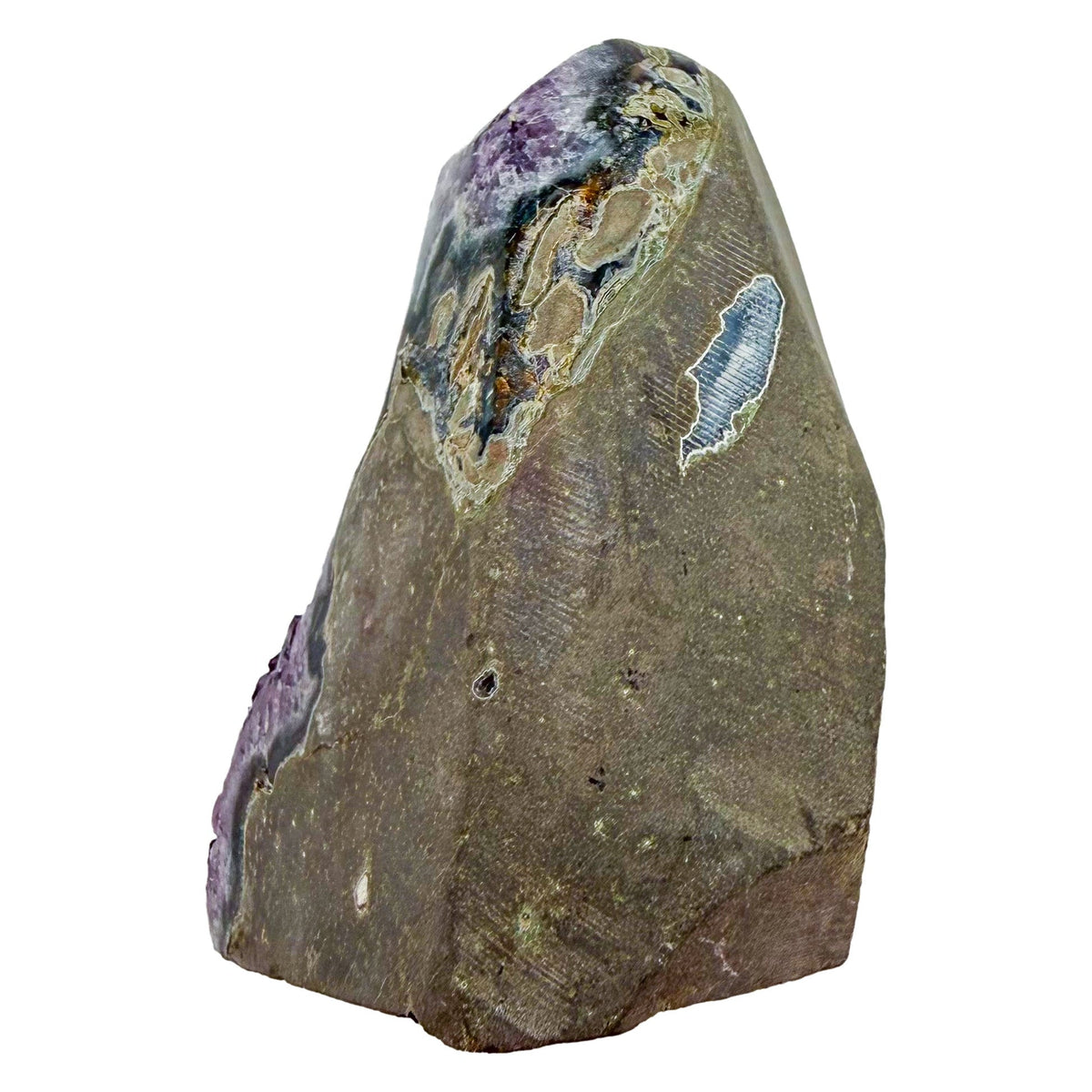 Top-down view of a 1.86 pound amethyst geode, no. 117, deep purple crystal lining a polished gray agate rind.